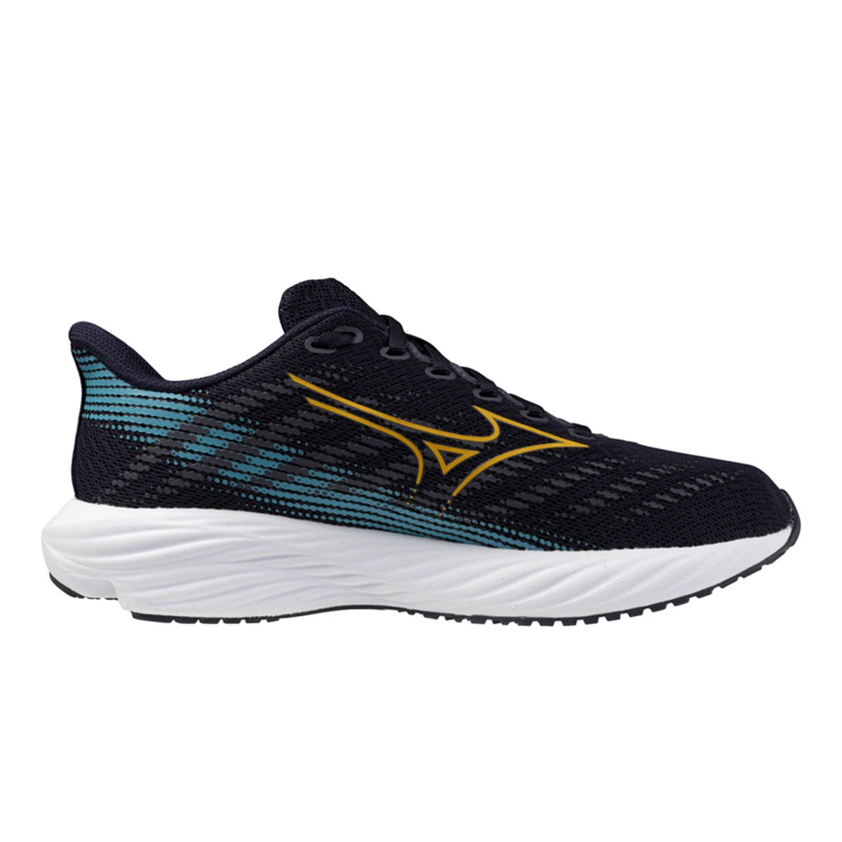 Mizuno Enerzy Rider Junior sneakers in Baritone Blue, Citrus, and Capri Breeze, featuring a breathable mesh upper, cushioned sole, and a sleek design with a prominent logo.