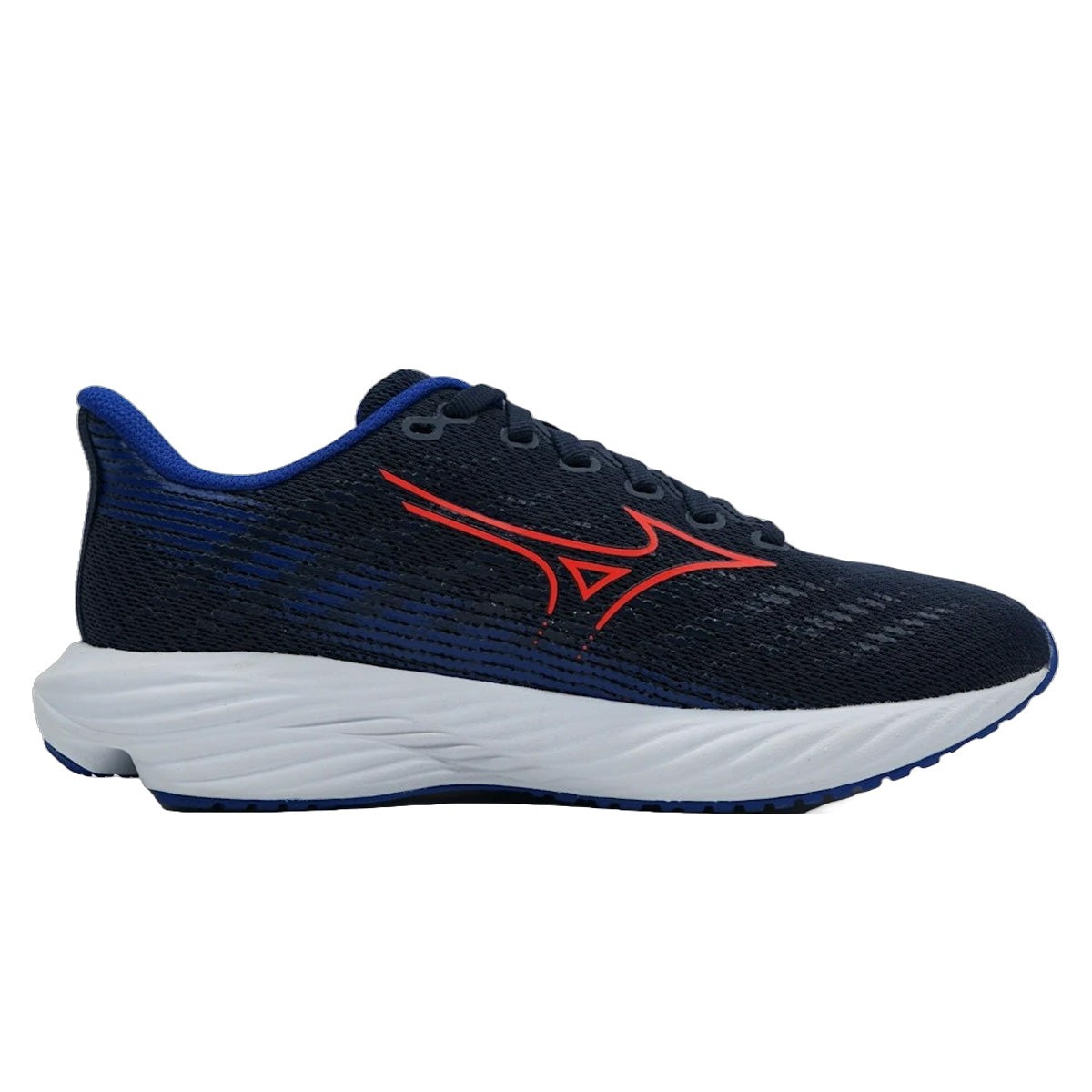 Mizuno Enerzy Rider Junior shoes in peacoat blue with red and blue accents, featuring a textured upper, cushioned sole, and signature Mizuno logo on the side.