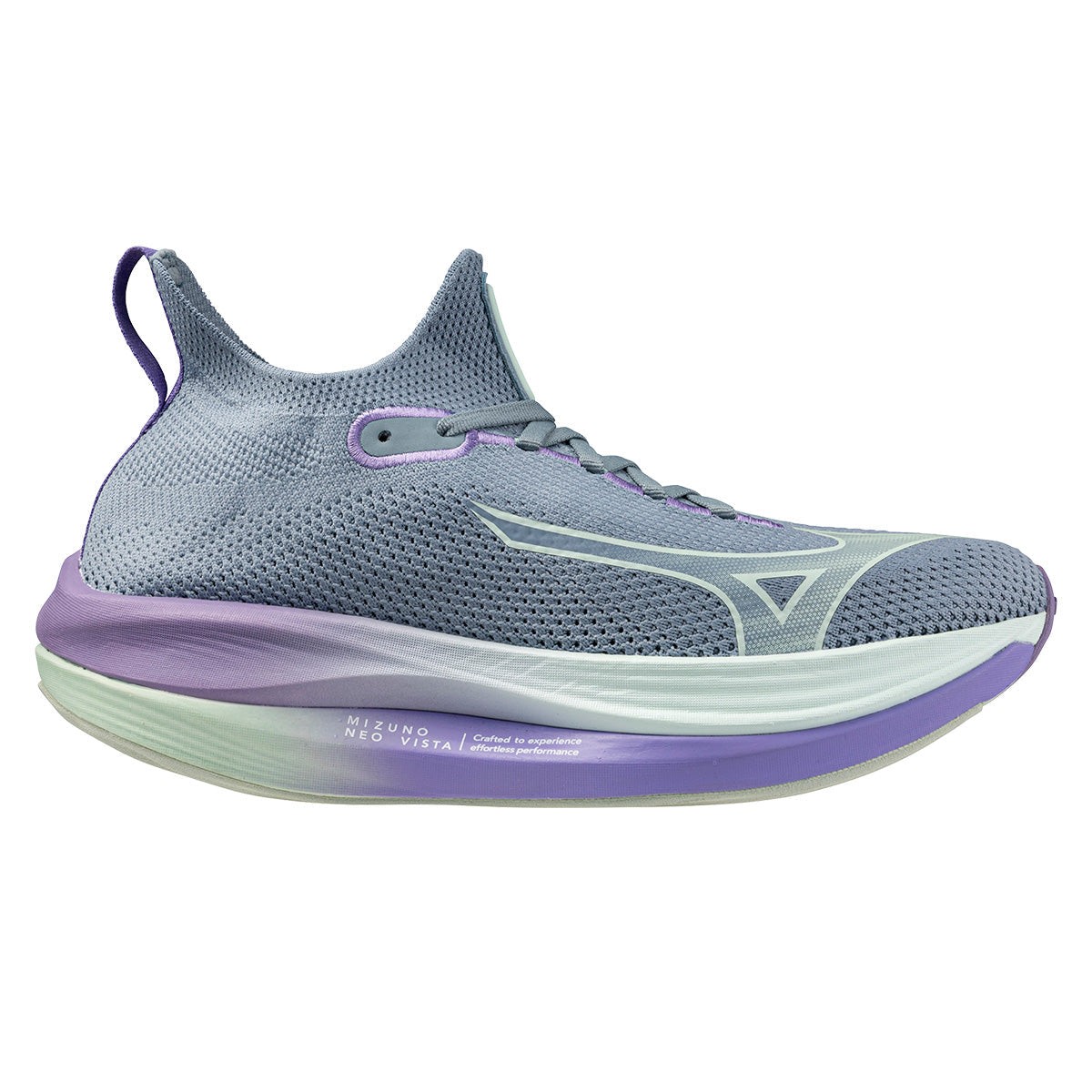 Mizuno Neo Vista women's running shoes in Citadel, bay, and paisley purple, featuring a breathable mesh upper, cushioned sole, and a sleek, modern design.