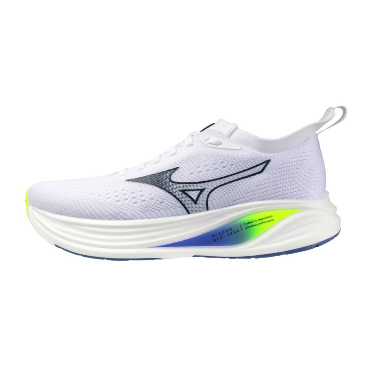 White Mizuno Neo Zen 2 running shoes featuring a breathable mesh upper, black logo, and a vibrant green and blue sole for enhanced cushioning and support.