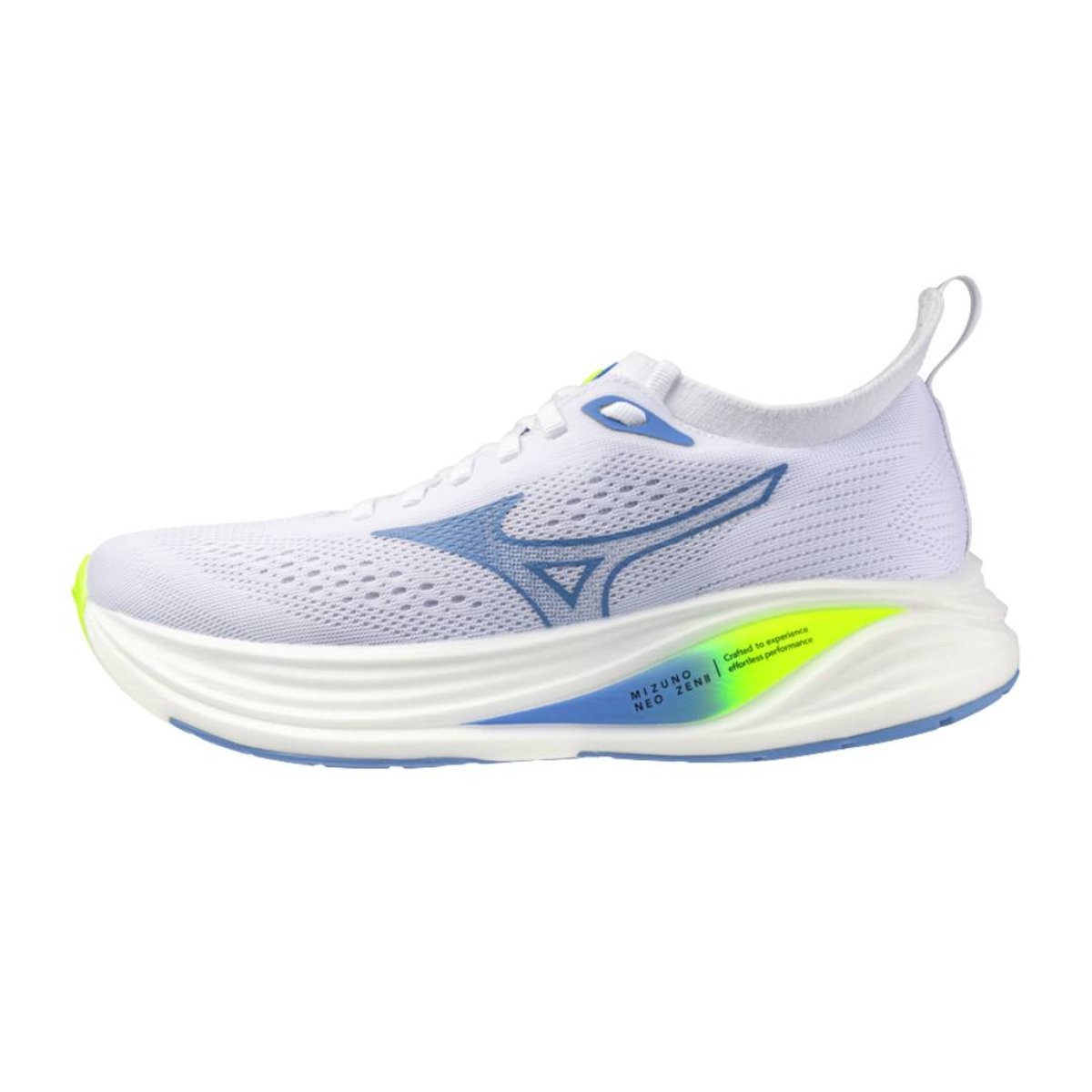 White women's running shoes featuring a breathable mesh upper, blue accents, a bright yellow sole, and a sleek, modern design for optimal performance.