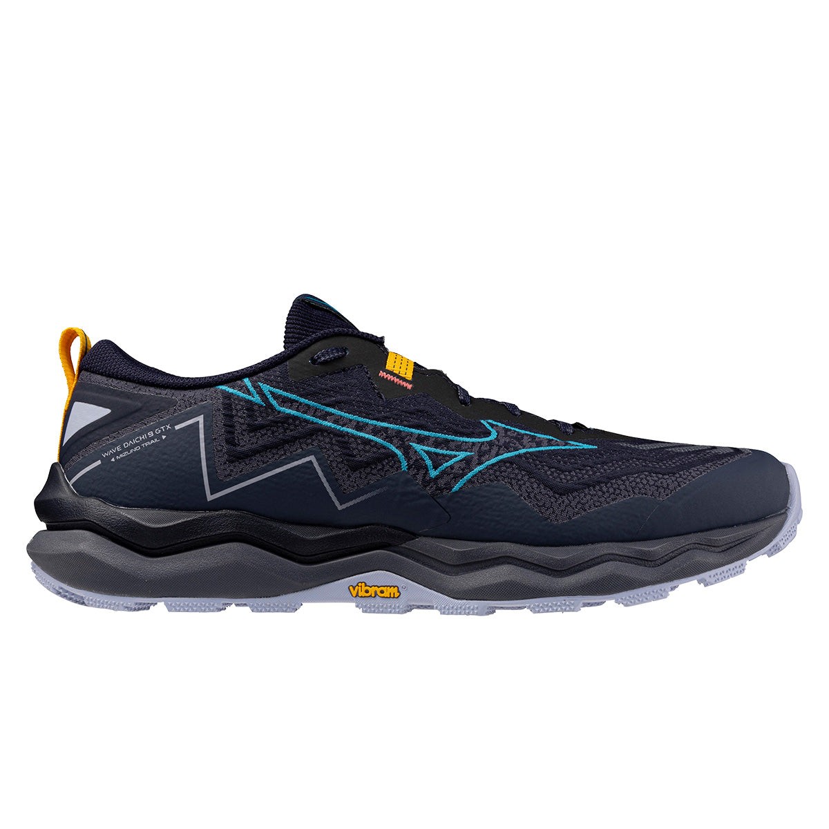 Dark blue Mizuno Wave Daichi 9 GORE-TEX shoes featuring a textured upper, vibrant blue accents, and a rugged sole with Vibram technology, size 40.