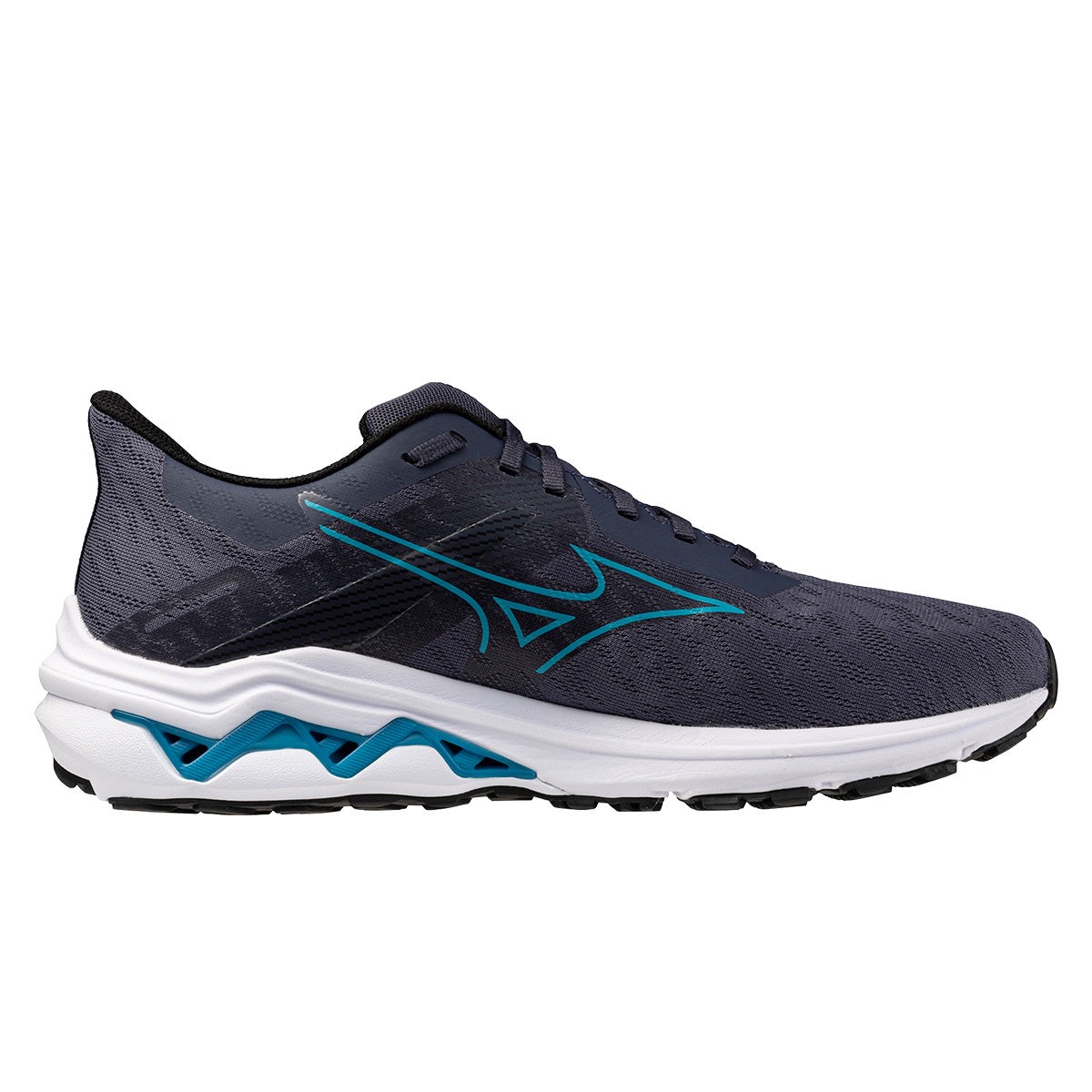 Mizuno Wave Equate 9 men's running shoe in Odyssey Gray with Capri Breeze accents, featuring a textured upper, cushioned sole, and signature wave design for support.