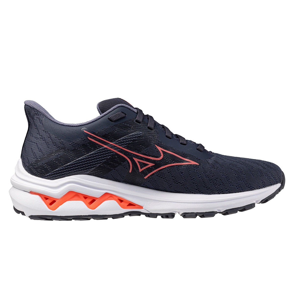 Mizuno Wave Equate 9 women's running shoes in Odyssey Gray with striking coral and blue granite accents, featuring a breathable mesh upper and cushioned sole.