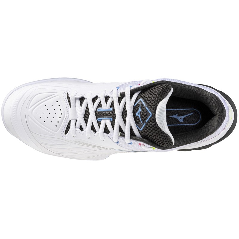 Mizuno Wave Fang 2 unisex shoes in white with pink and blue accents, featuring a sleek design, breathable mesh upper, and a cushioned sole for comfort.