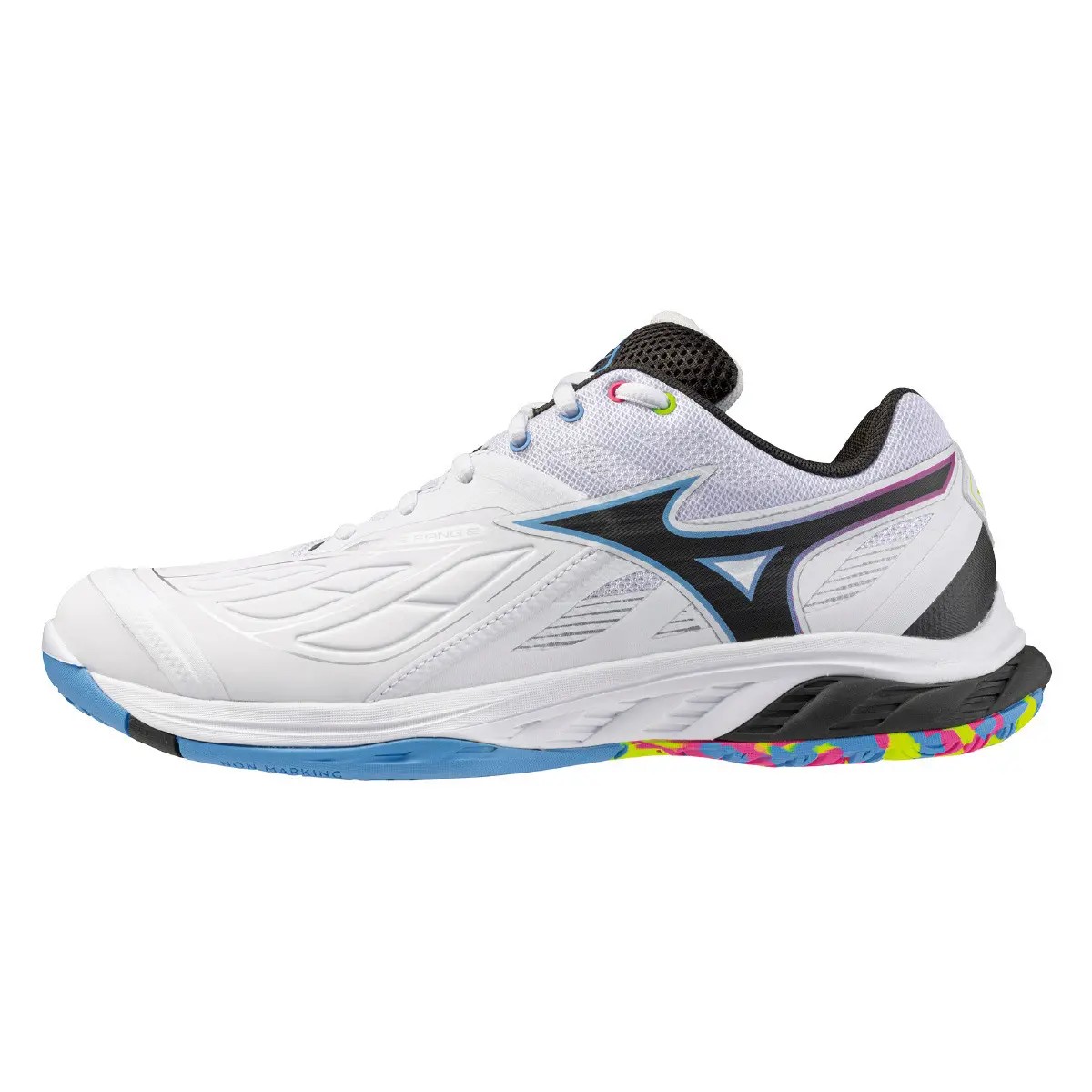 Mizuno Wave Fang 2 unisex shoe in white with pink, black, and blue accents, featuring a lightweight design and colorful sole pattern, size 8, standard fit.