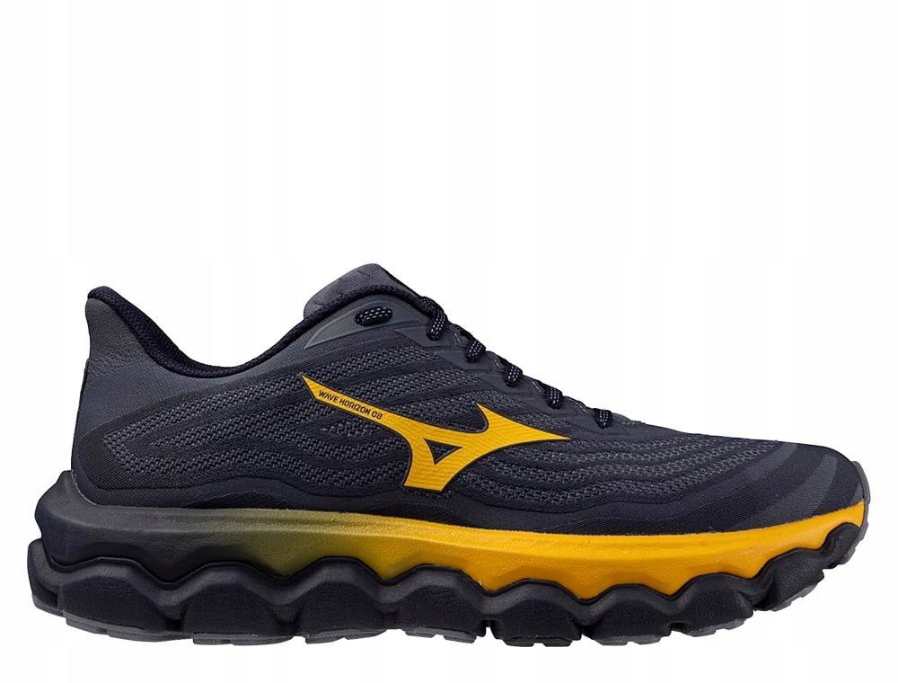 Mizuno Wave Horizon 8 men's running shoes in blue granite with citrus and baritone blue accents, featuring a textured mesh upper and a cushioned, wavy sole design.