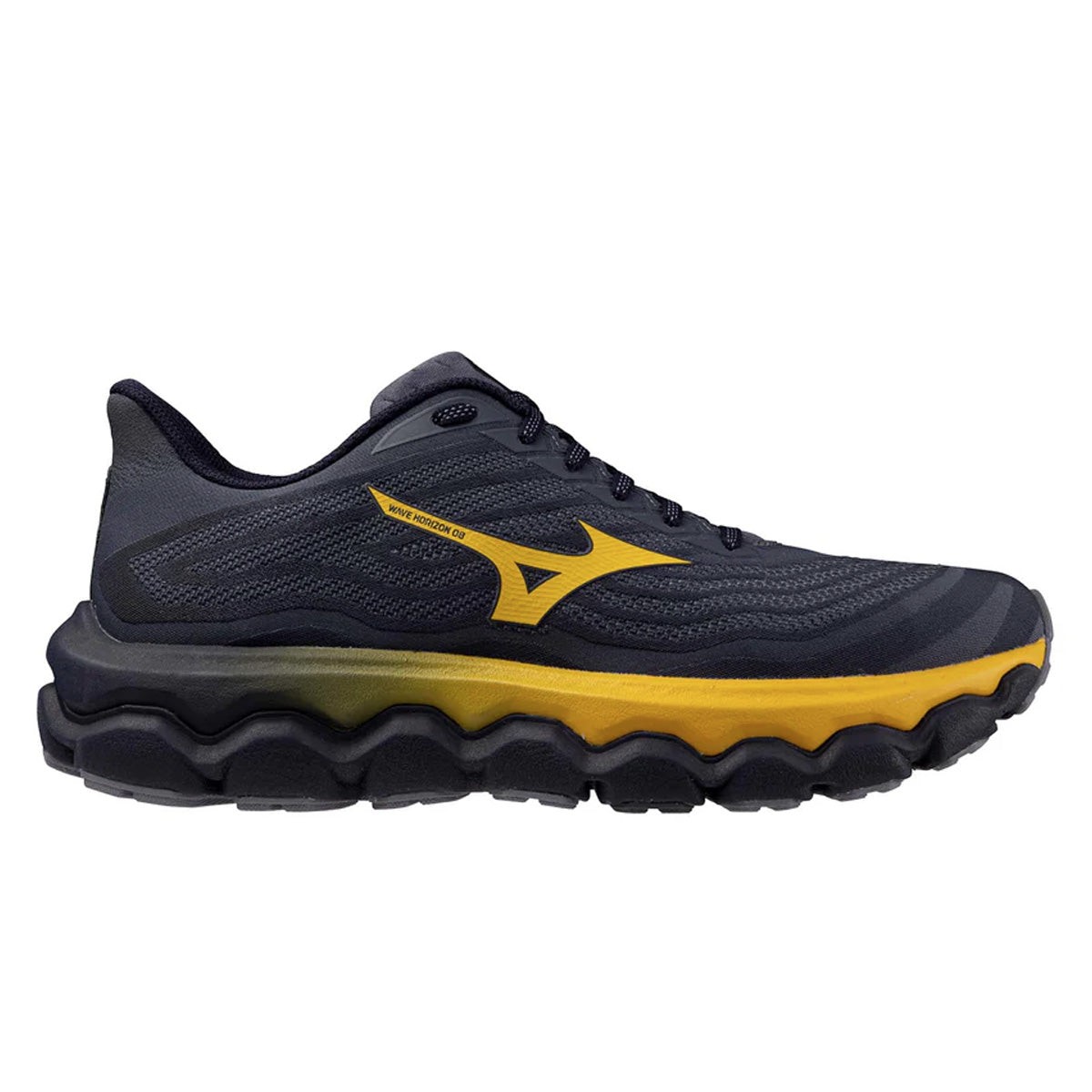 Mizuno Wave Horizon 8 men's running shoe in blue granite, citrus, and baritone blue, featuring a textured upper, cushioned sole, and a sleek design, size 7.5.