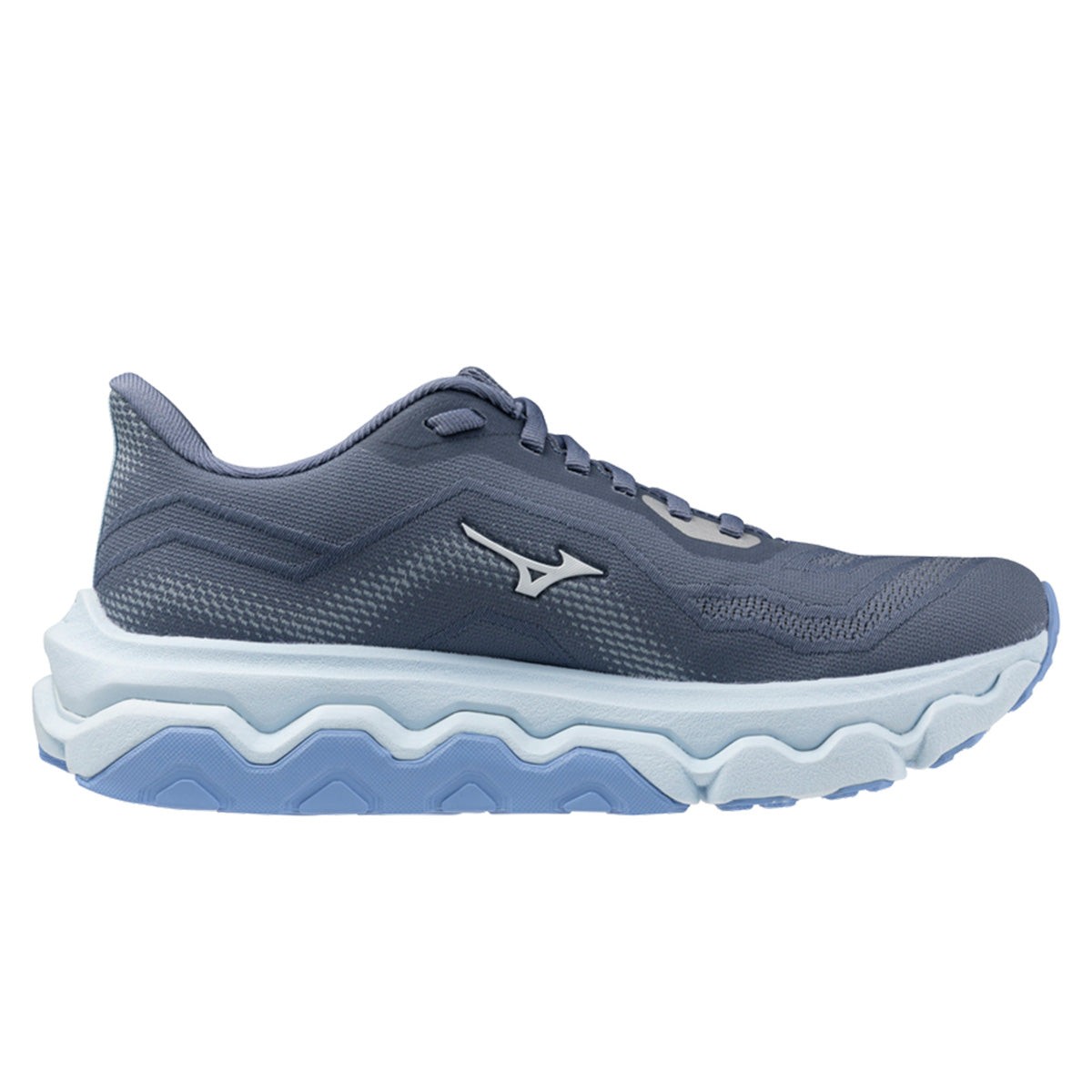Mizuno Wave Horizon 9 women's shoes in grey and blue, featuring a textured mesh upper, cushioned sole, and distinctive wave-shaped midsole design.