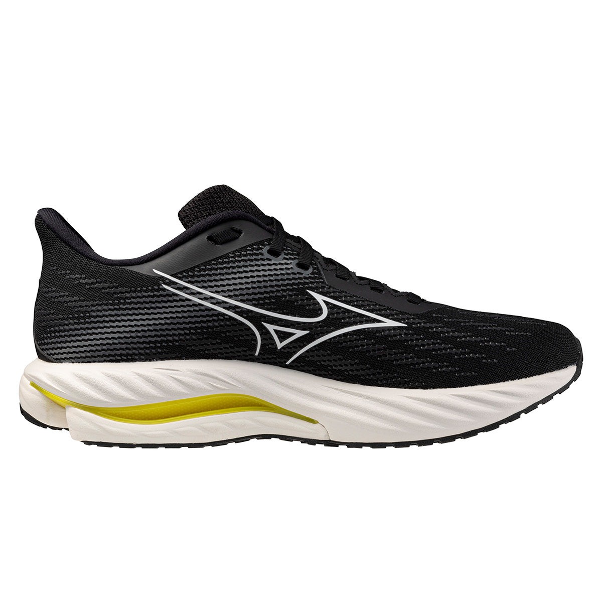 Mizuno Wave Inspire 21 men's running shoe in black with white and vibrant yellow accents, featuring a breathable mesh upper and cushioned sole, size 11 wide.