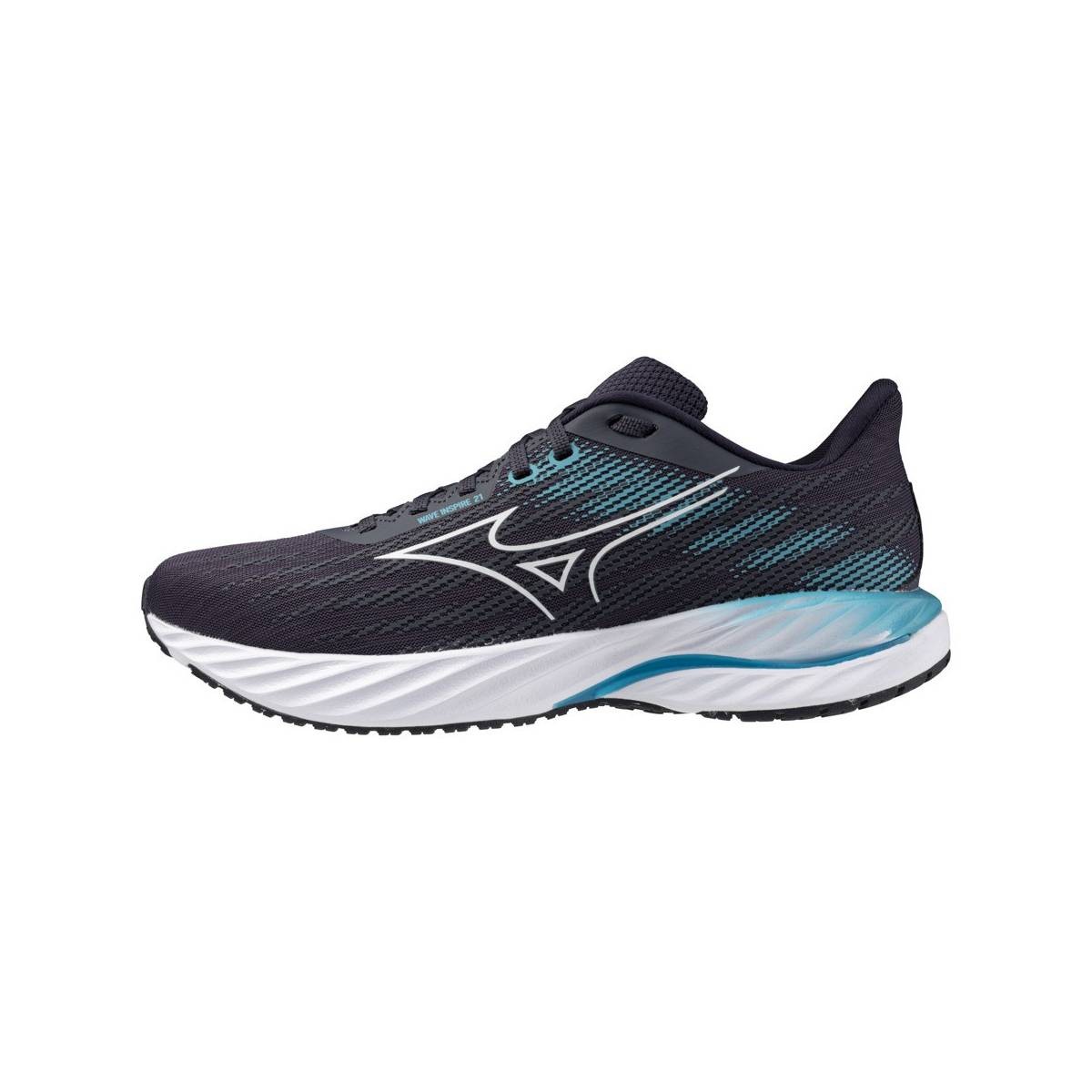 Mizuno Wave Inspire 21 running shoes feature a sleek black upper with teal accents, breathable mesh material, and a cushioned white midsole for comfort and support.