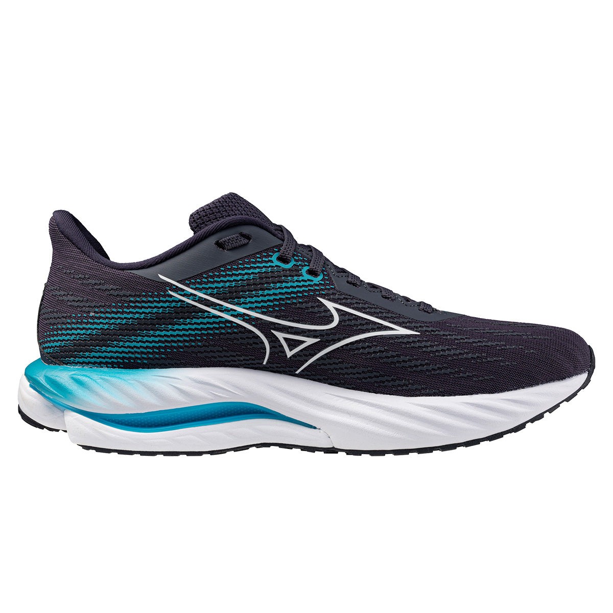 Mizuno Wave Inspire 21 men's running shoes in Odyssey Gray with white and capri breeze accents, featuring a breathable mesh upper and cushioned sole for comfort.