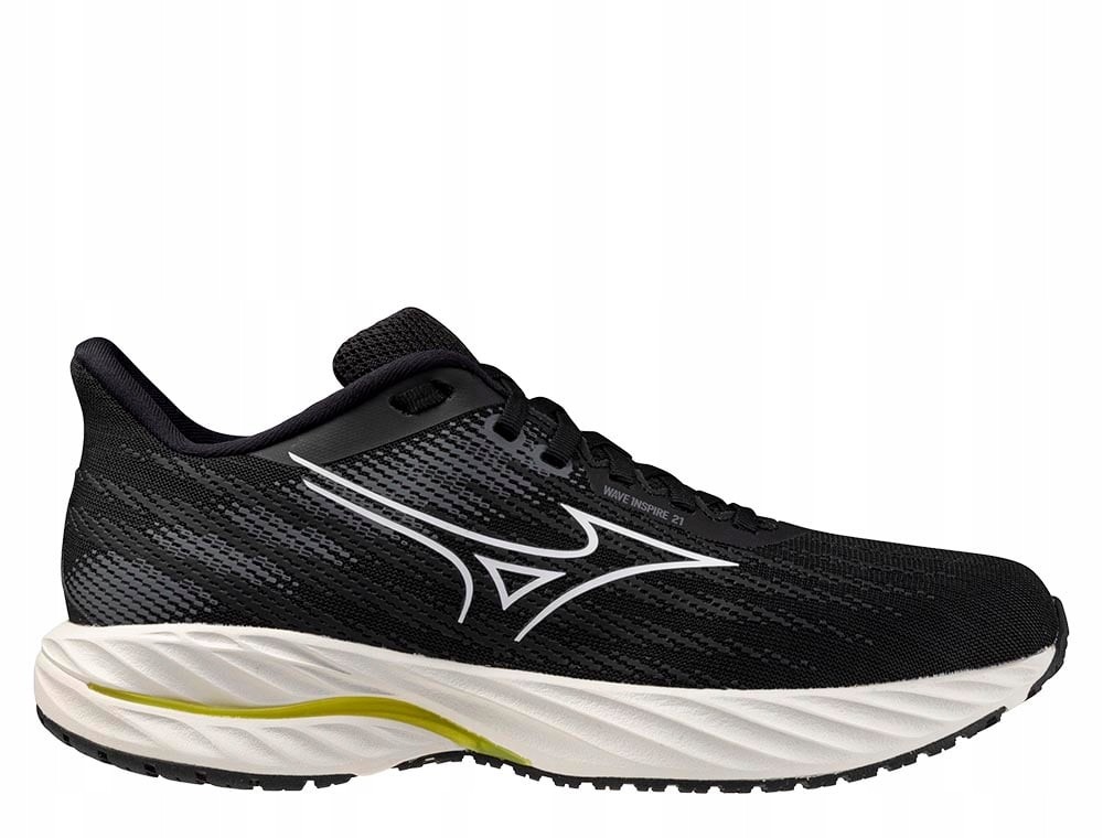 Mizuno Wave Inspire 21 women's running shoes in black with white and vibrant yellow accents, featuring a breathable mesh upper and cushioned sole for support.