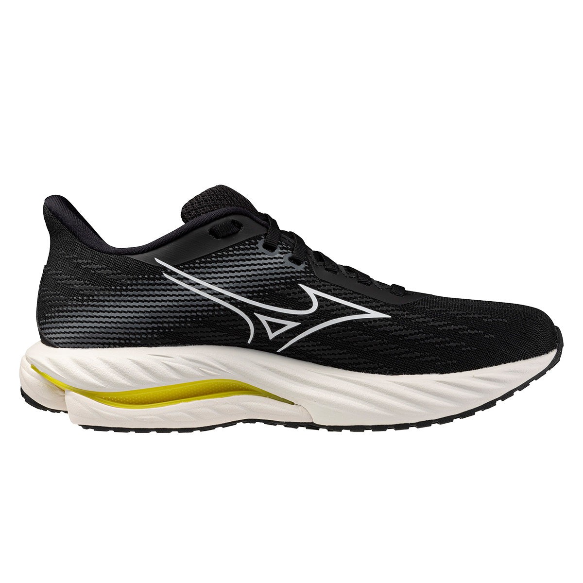 Mizuno Wave Inspire 21 women's running shoes in black and white with vibrant yellow accents, featuring a breathable mesh upper and cushioned sole for support.