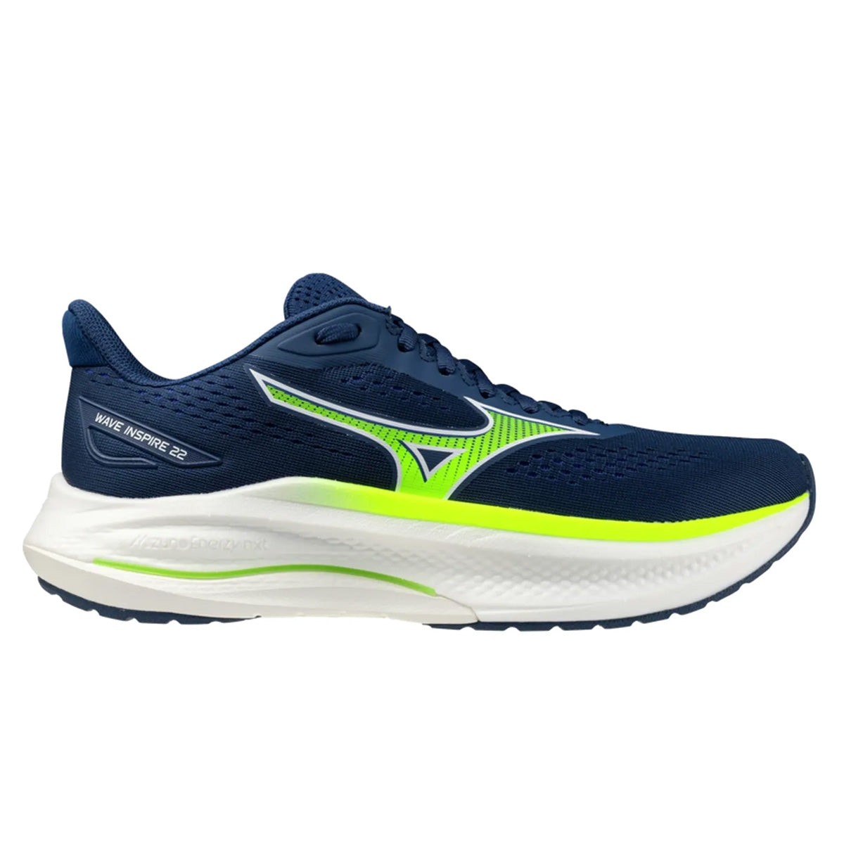 Mizuno Wave Inspire 22 men's running shoe in estate blue and lightning yellow, featuring a breathable mesh upper, cushioned sole, and sleek design, size 13.