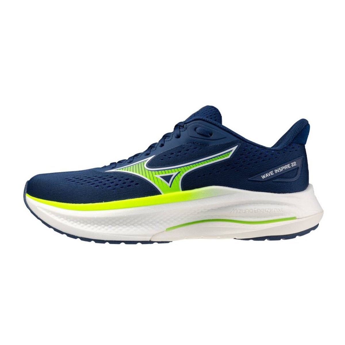 Mizuno Wave Inspire 22 running shoes in navy blue with bright green accents, featuring a breathable mesh upper and cushioned sole for enhanced comfort and support.