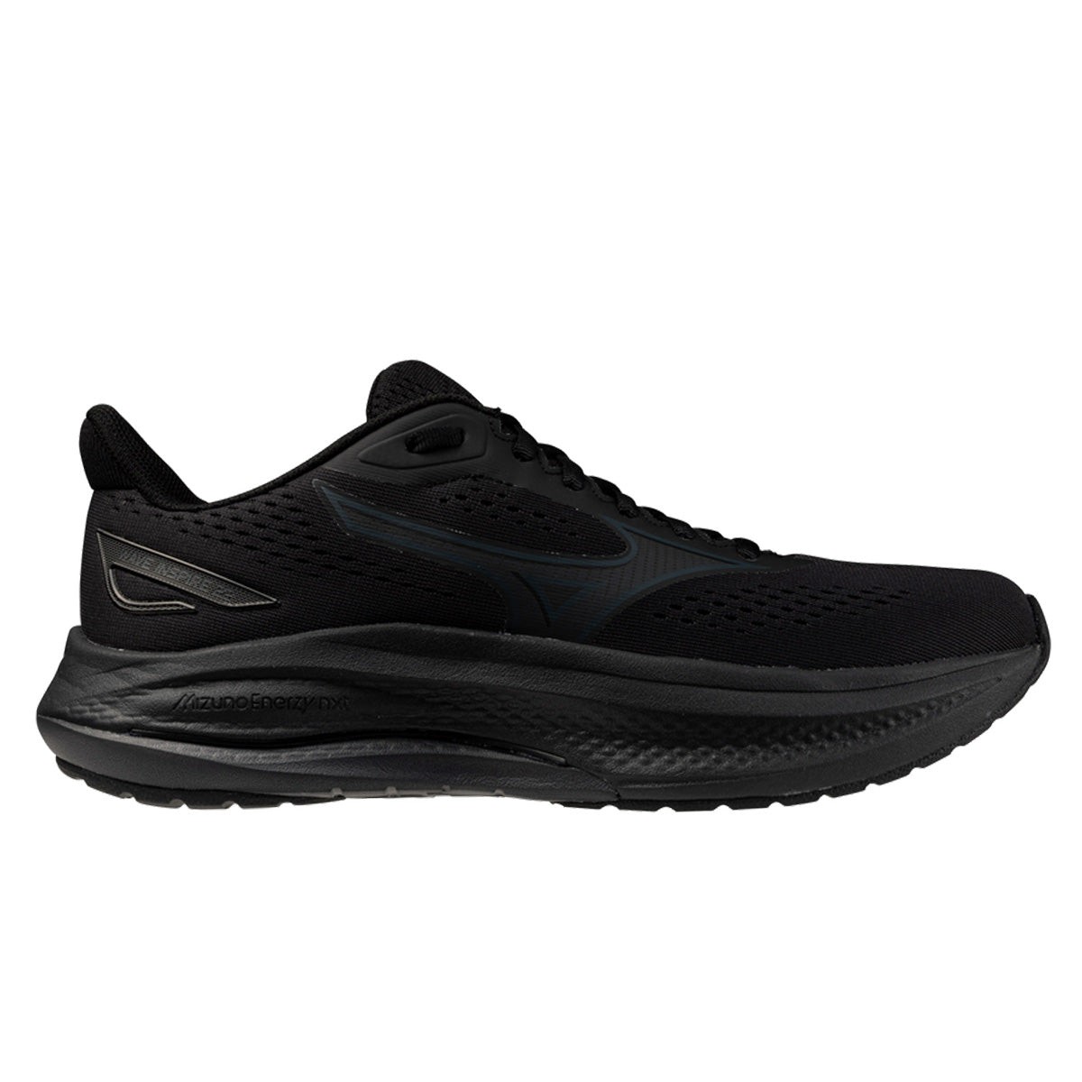 Mizuno Wave Inspire 22 women's running shoe in black, featuring a breathable mesh upper, cushioned sole, and sleek design, available in size 7.5 wide.