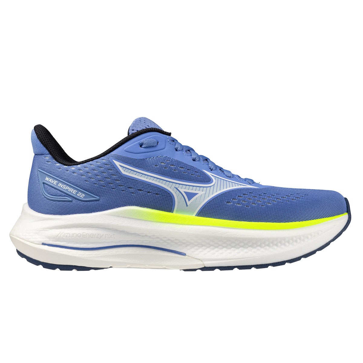 Light blue women's running shoes with a breathable mesh upper, featuring a white Mizuno logo, a cushioned sole, and a vibrant yellow-green accent along the midsole.