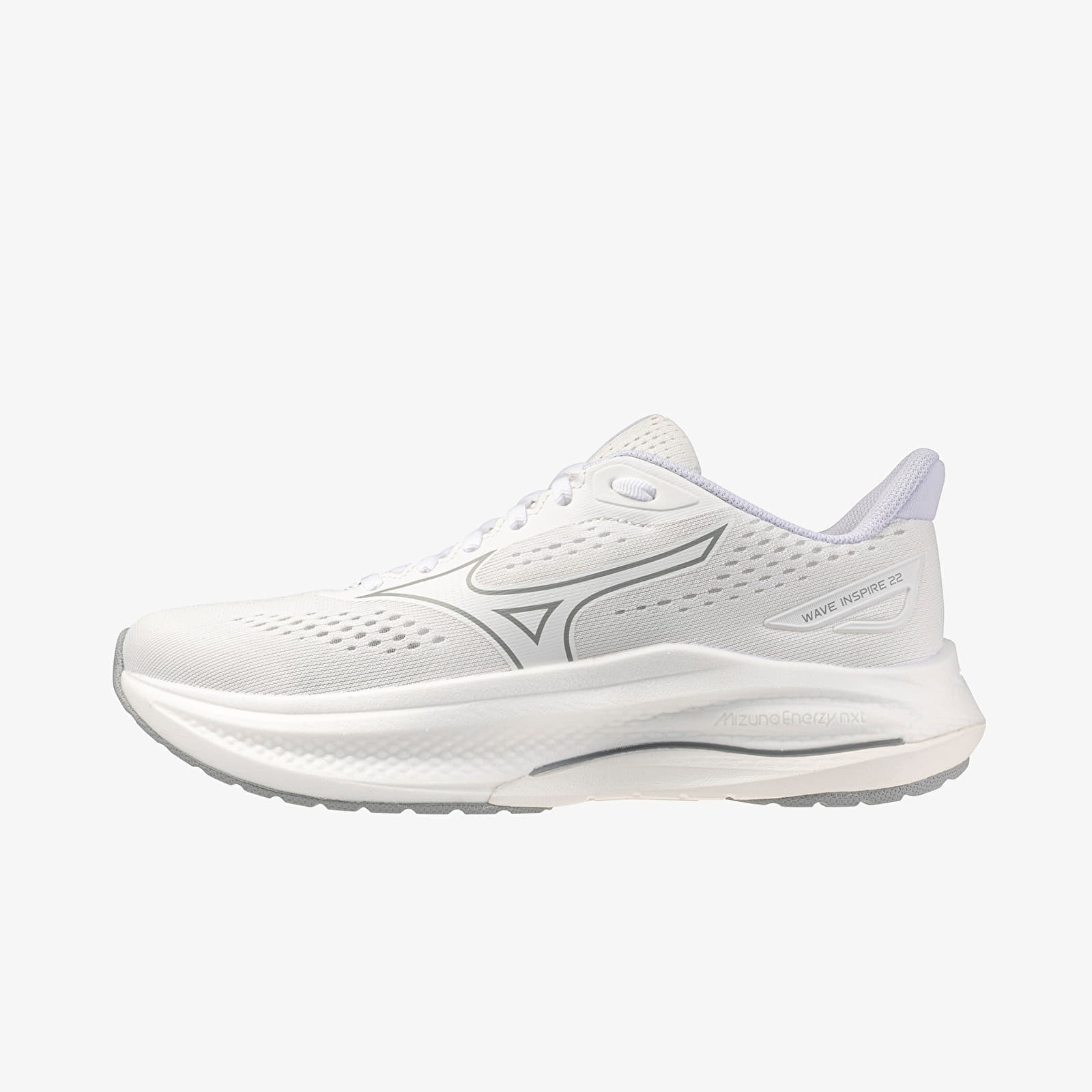 White Mizuno Wave Inspire 22 sneakers featuring a breathable mesh upper, sleek design, and subtle gray accents, with a cushioned sole for comfort, size EUR 40.