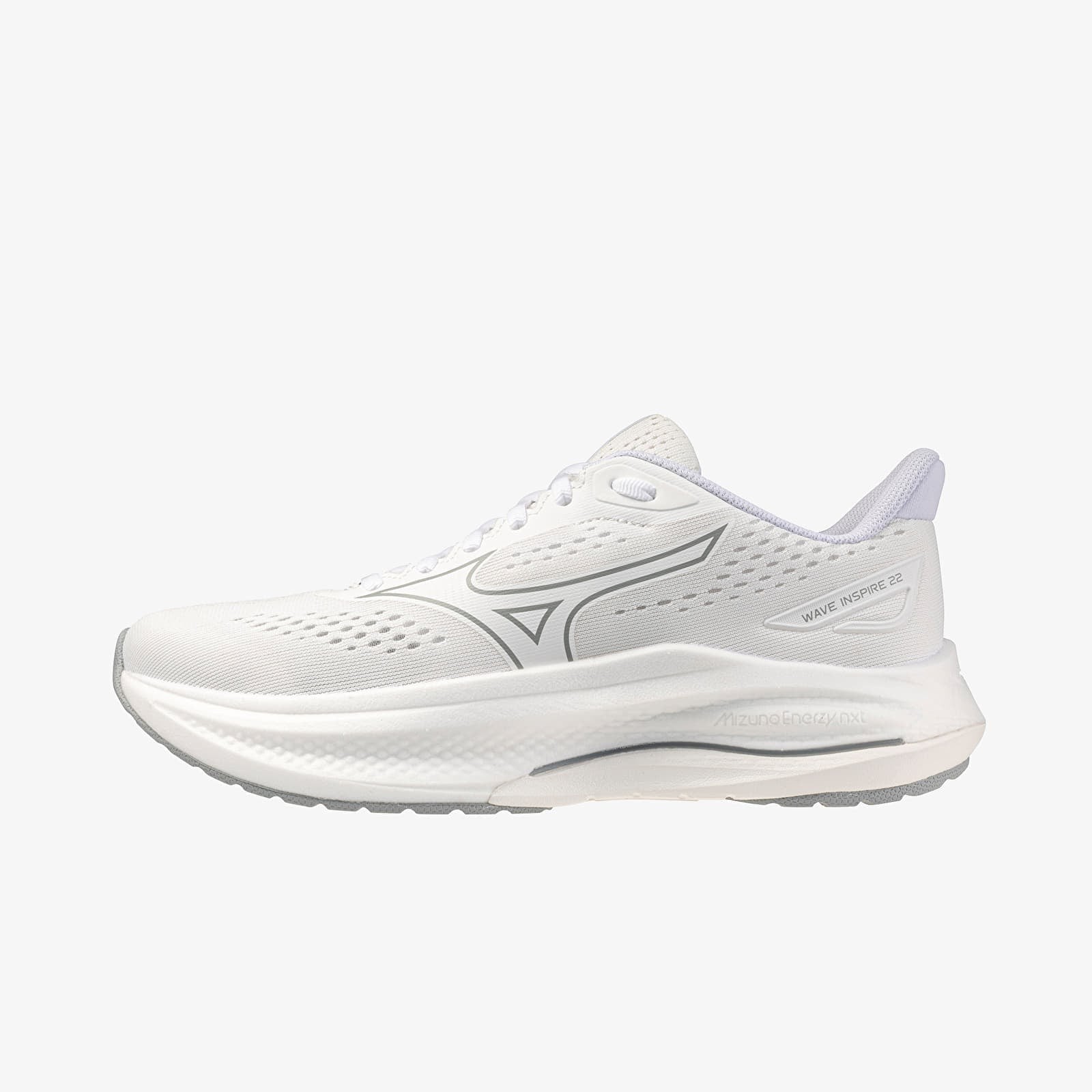 Mizuno Wave Inspire 22 sneakers in white and harbor mist, featuring a breathable mesh upper, cushioned sole, and sleek design, size EUR 40.5.