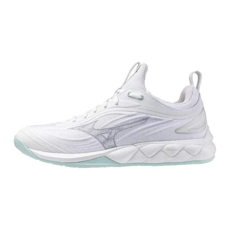 White Mizuno Wave Luminous women's indoor shoes featuring a sleek design, mesh upper for breathability, and a light blue sole for added style.