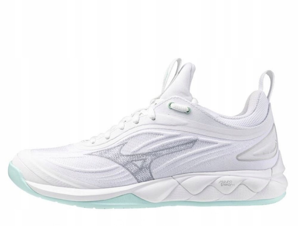 White Mizuno Wave volleyball shoes featuring a breathable mesh upper, light mint accents, and a cushioned sole for enhanced performance.