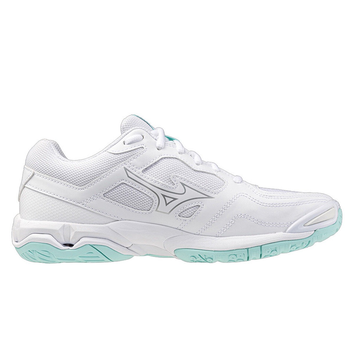 Mizuno Wave Phantom 3 women's athletic shoes in white and blue tint, featuring a breathable mesh upper, cushioned sole, and a sleek design, size 11, standard fit.