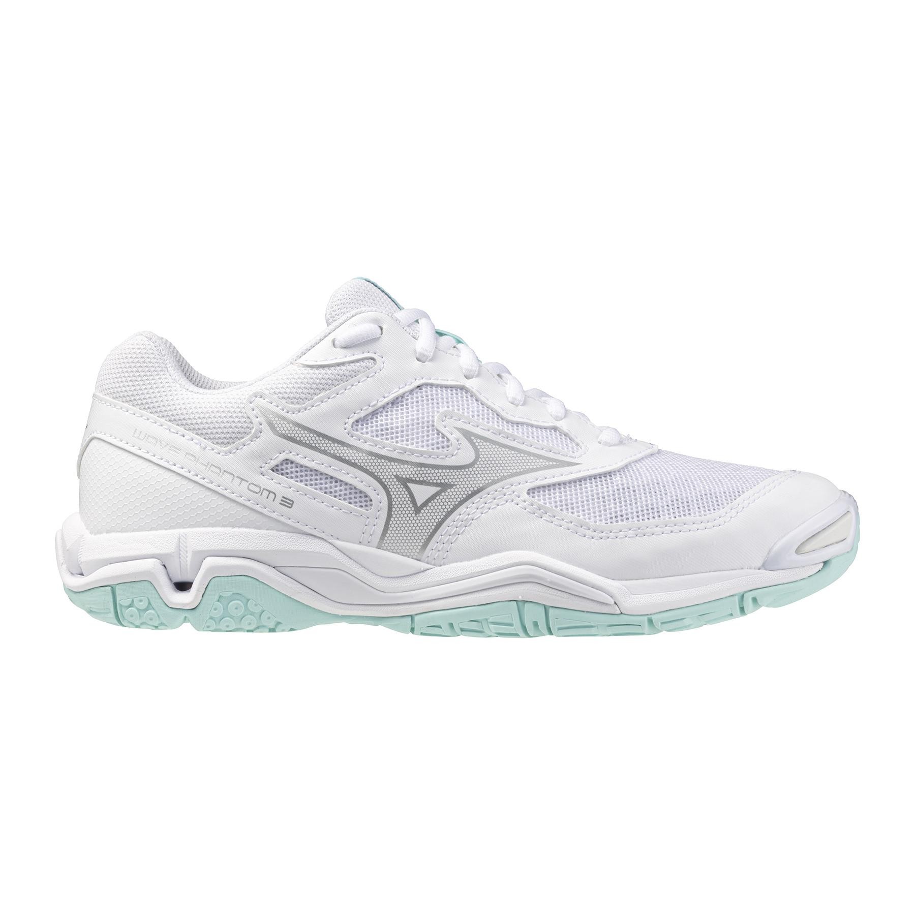 White women's training shoes with a mesh upper, featuring light blue accents, a cushioned sole, and a sleek design for enhanced performance.