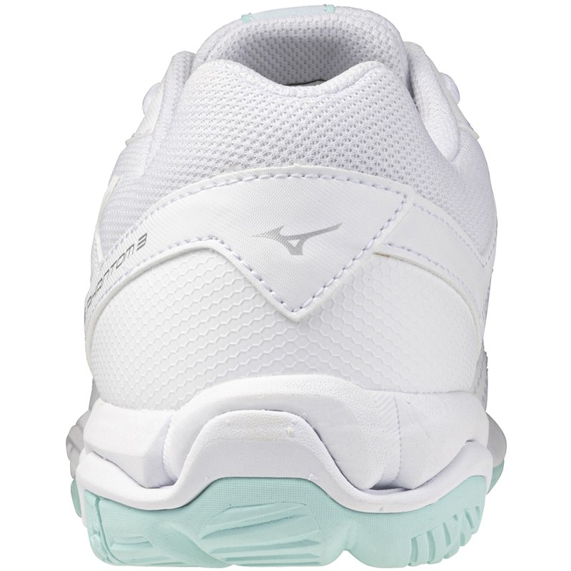 Mizuno Wave Phantom 3 women's shoes in white and blue tint, featuring a textured upper, cushioned sole, and a sleek design, size 4, ideal for athletic performance.