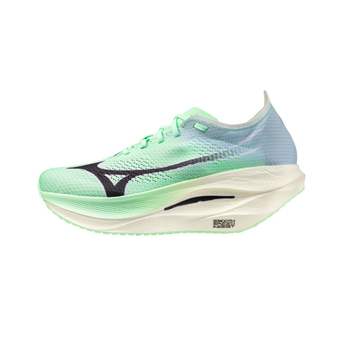 Light green Mizuno Wave Rebellion Pro 3 shoes featuring a breathable mesh upper, sleek design, and a distinctive black logo on the side, size 45.