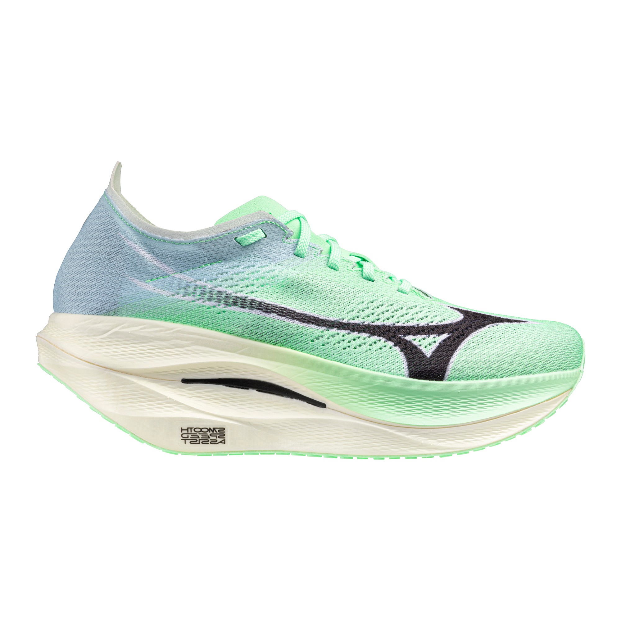 Mizuno Wave Rebellion Pro 3 sneakers in neo mint and black, featuring a breathable mesh upper, sleek design, and a cushioned sole for enhanced performance, size 12.