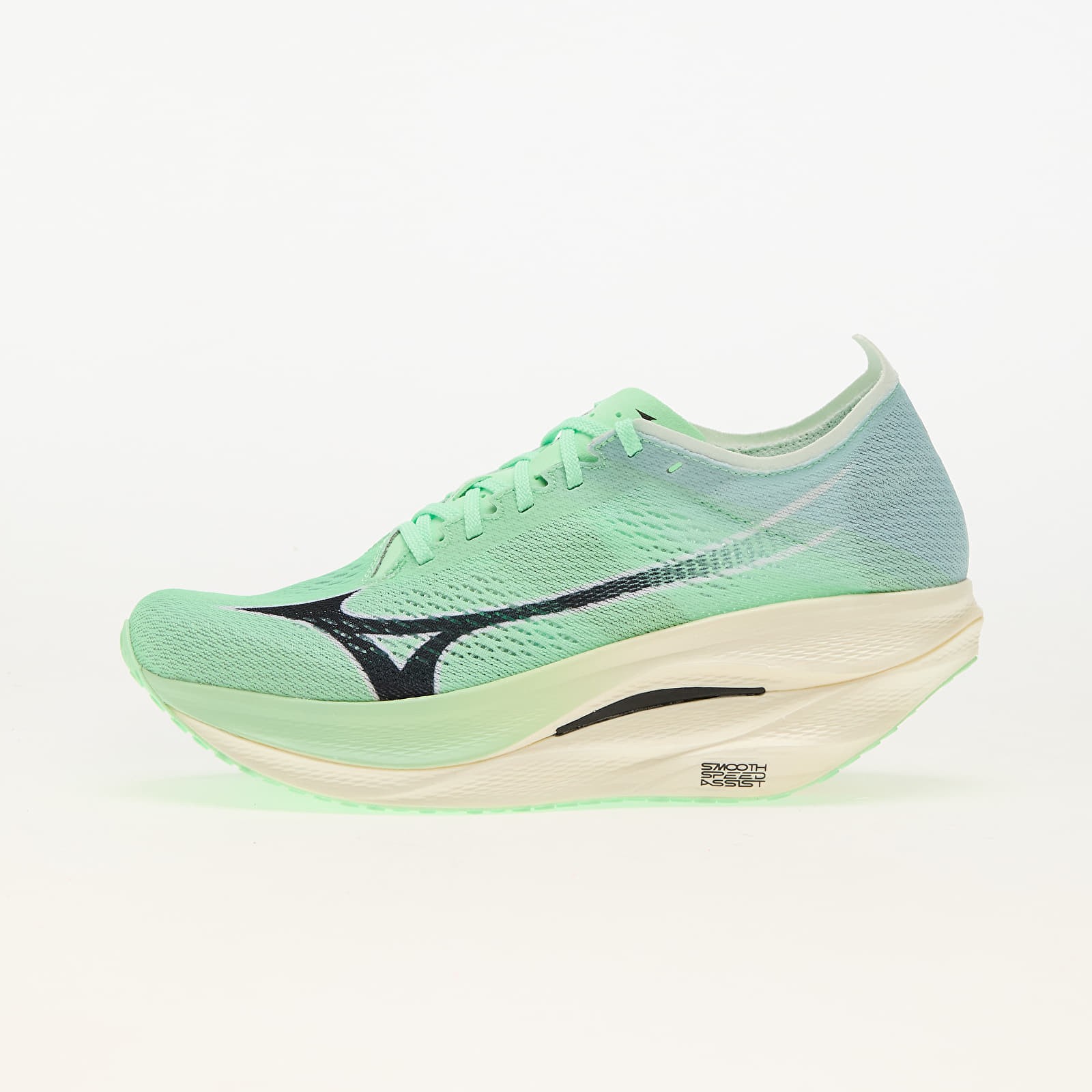 Light green Mizuno Wave Rebellion Pro 3 running shoes featuring a sleek design, breathable mesh upper, and a distinctive curved sole for enhanced performance.