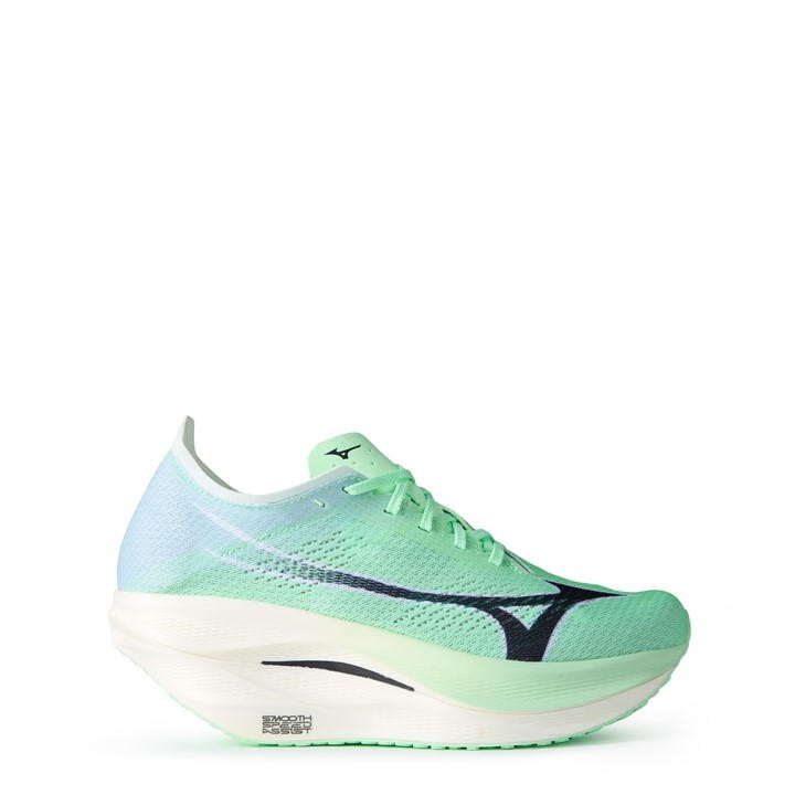 Light green Mizuno Wave Rebellion Pro 3 shoes featuring a breathable mesh upper, sleek design, and a thick white midsole for enhanced cushioning and support.