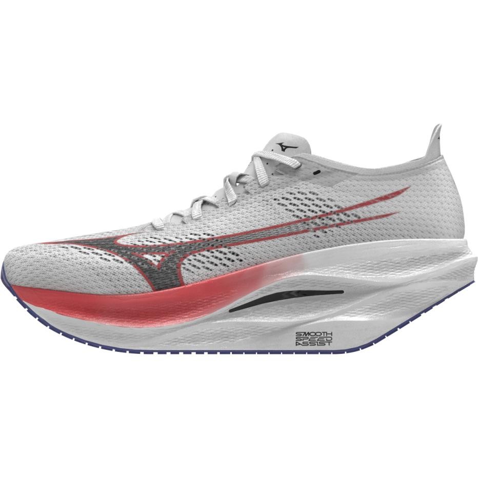 Mizuno Wave Rebellion Pro 3 shoes in grey and red, featuring a sleek design, breathable mesh upper, and a distinctive curved sole for enhanced performance, size 46.5.