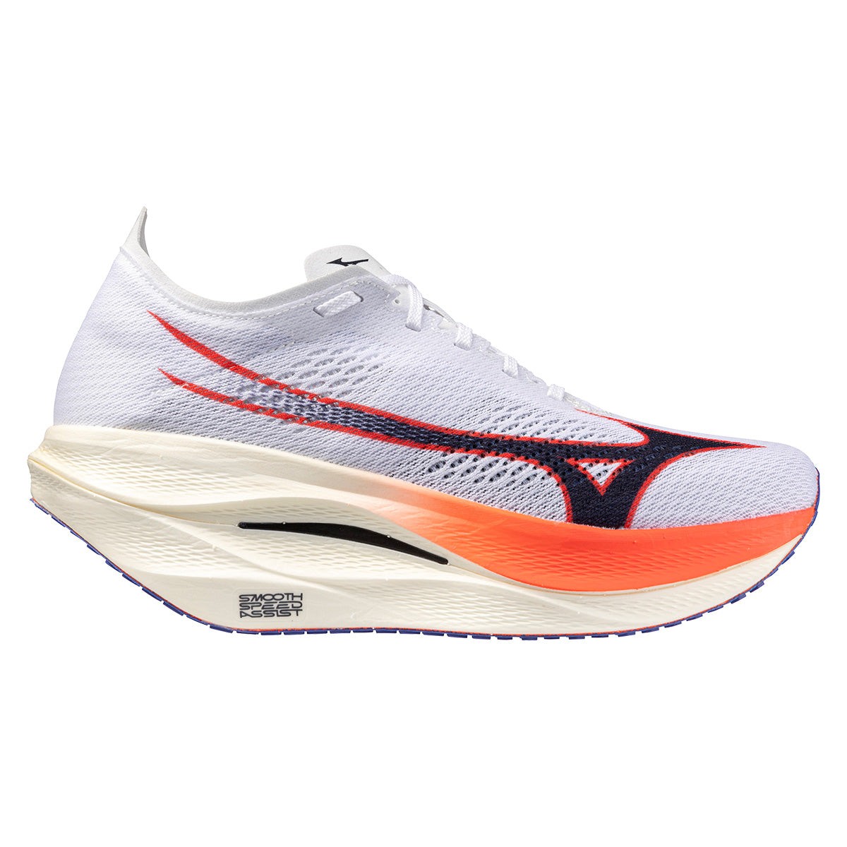 Mizuno Wave Rebellion Pro 3 unisex running shoe in white with baritone blue and fiery coral accents, featuring a sleek design and a lightweight, breathable mesh upper.