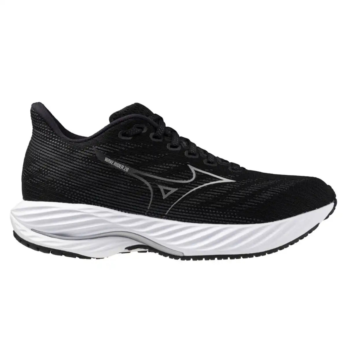 Mizuno Wave Rider 28 women's running shoes in black, harbor mist, and india ink, featuring a lightweight mesh upper, cushioned sole, and sleek design.