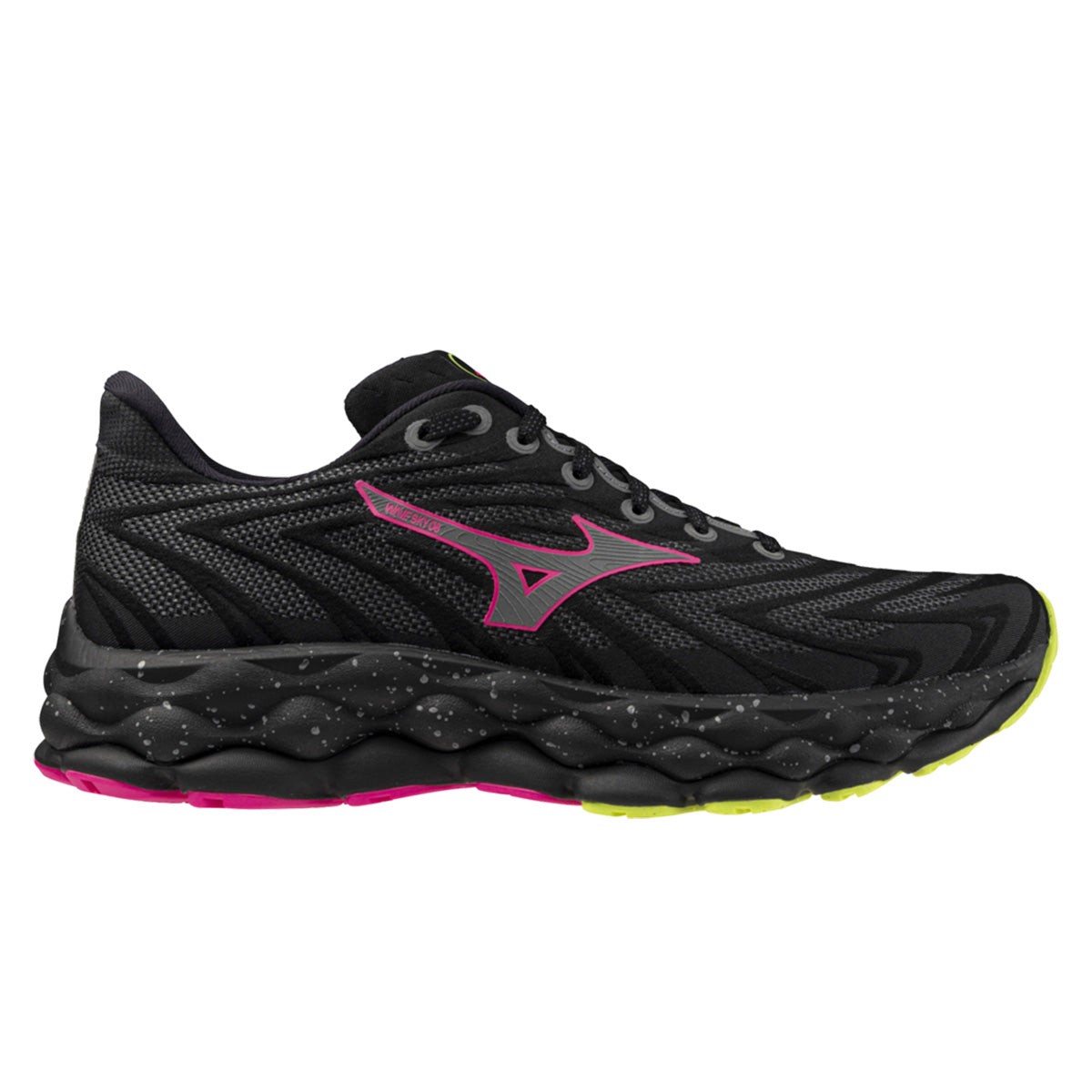 Mizuno Wave Sky 8 unisex running shoes in black with silver and pink accents, featuring a textured upper, cushioned sole, and a distinctive wave design.