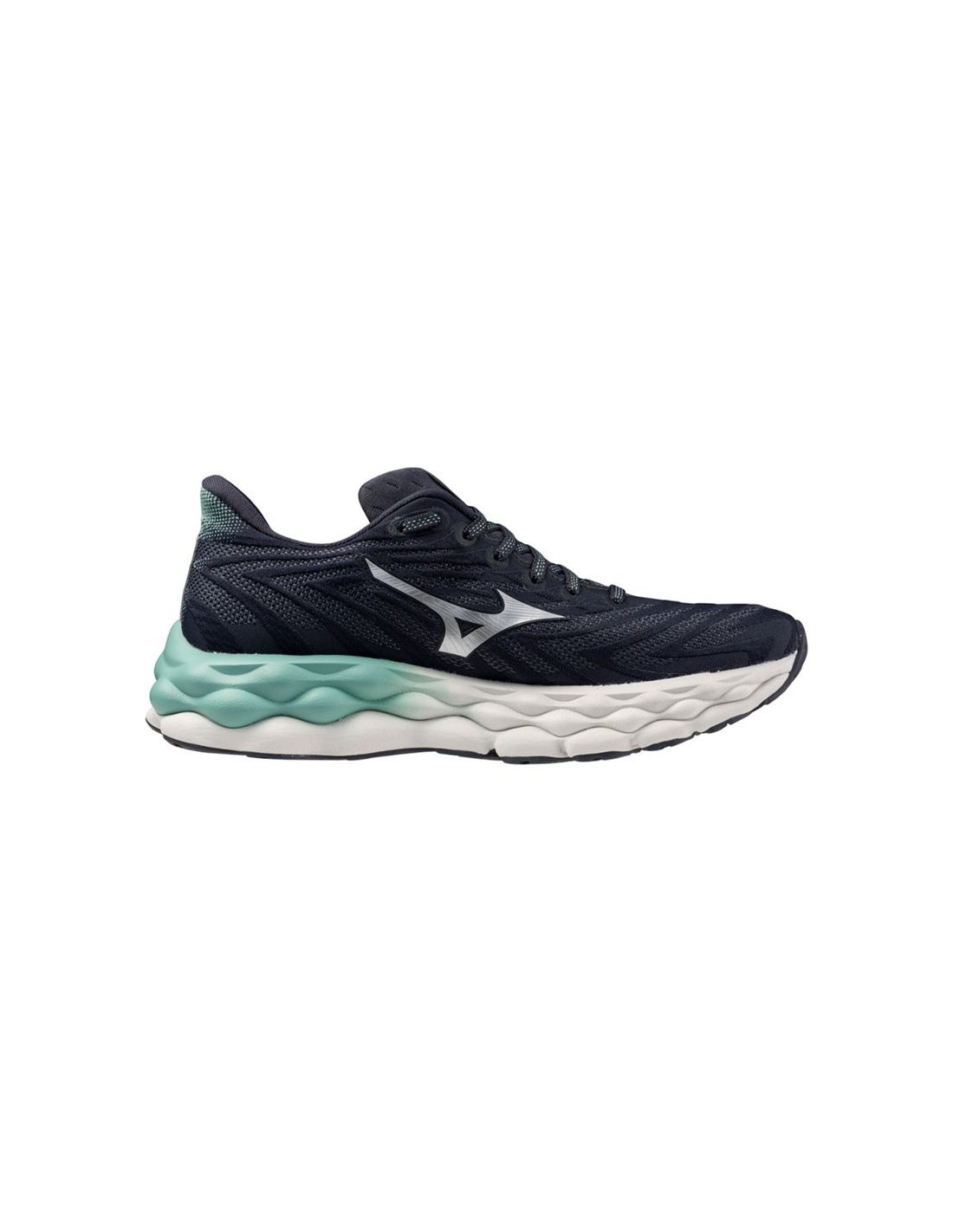Mizuno Wave Sky 8 women's running shoes in India Ink and neo silver, featuring a breathable mesh upper, cushioned sole, and a sleek black and mint green design.