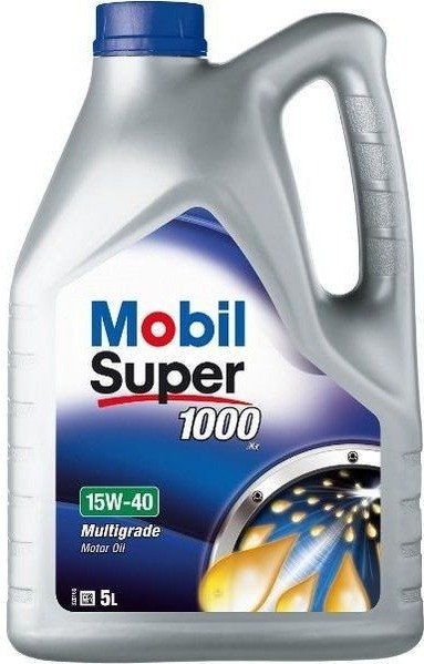 Clear plastic container of Mobil Engine Oil 15W-40, 1 liter, featuring a blue and white label with a logo, and a blue cap, showcasing a design with oil droplets.