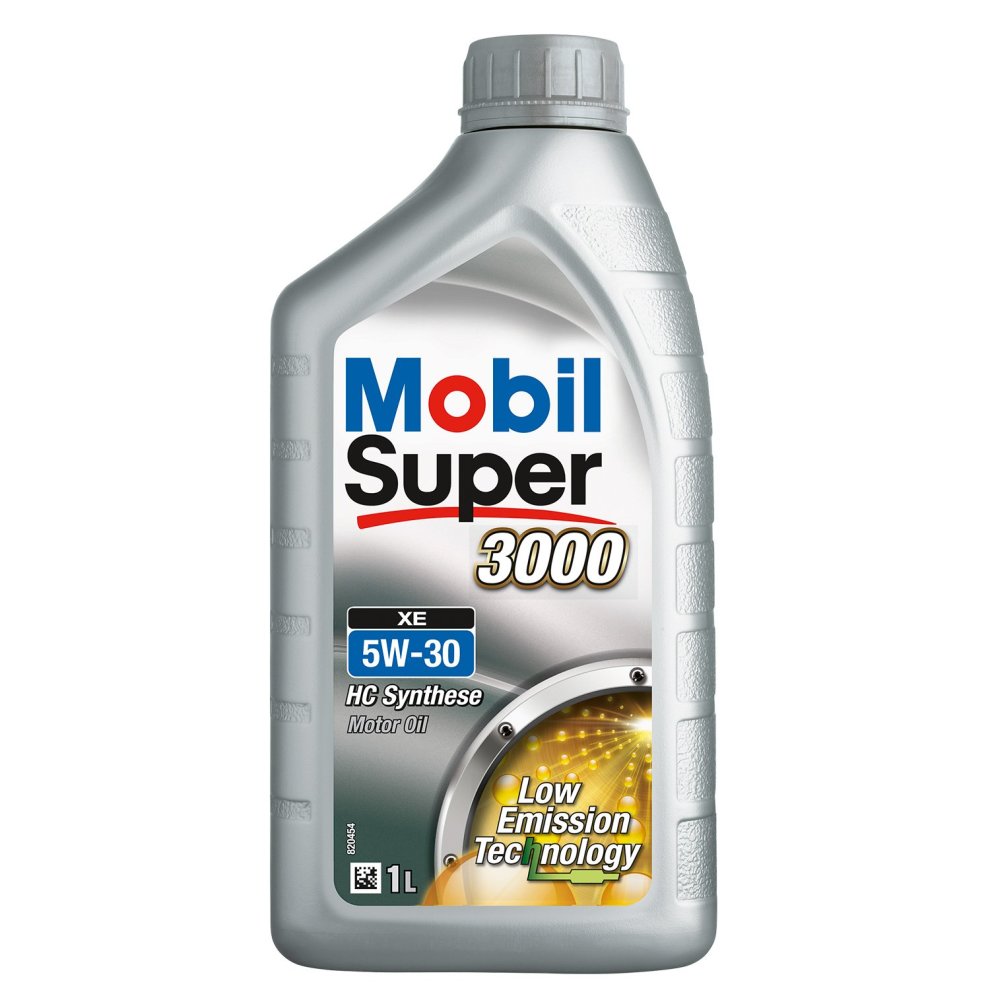 Gray plastic bottle of Mobil 1 Super 3000 XE 5W30 engine oil, featuring a blue and red logo, with a 1-litre capacity and a label highlighting low emission technology.