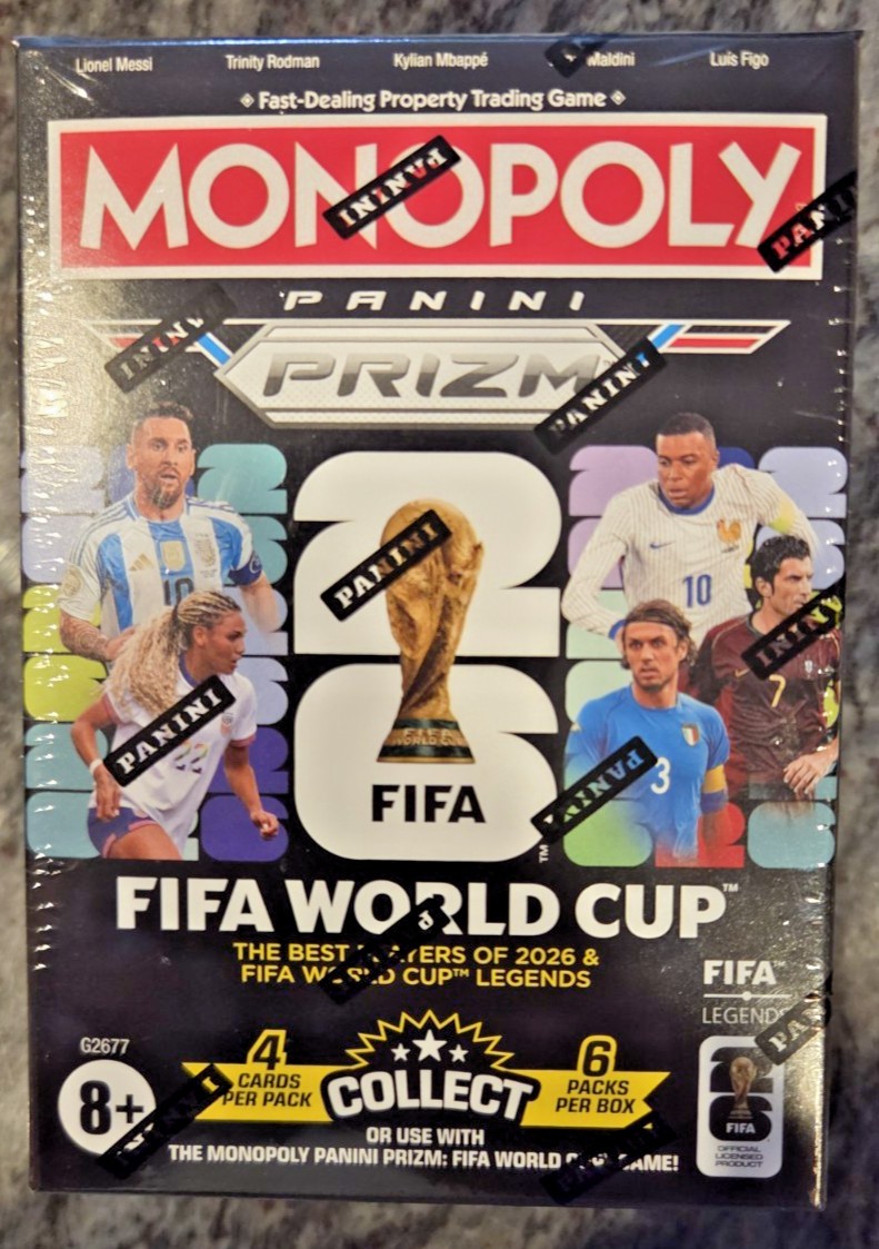 Monopoly Panini Prizm FIFA World Cup trading cards booster box featuring vibrant colors, player images, and text highlighting "Collect" and "4 cards per pack."