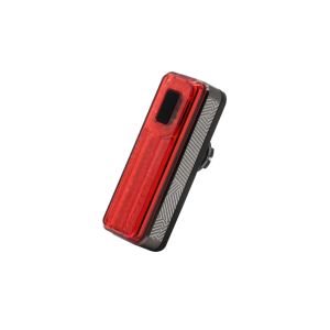 Red rectangular rear light with a black base, featuring a textured side design, a small black button on top, and a sleek, modern appearance for enhanced visibility.