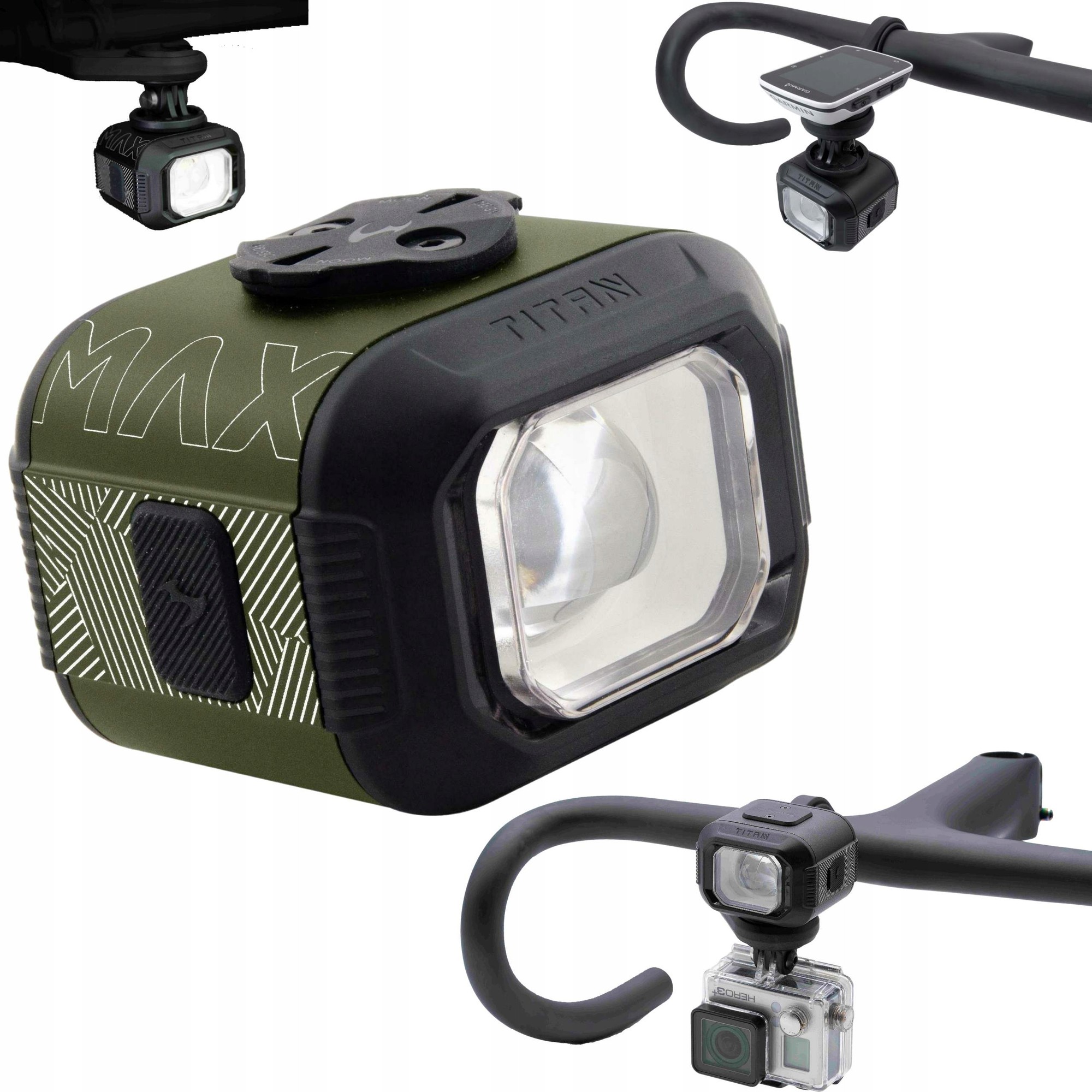 Green Moon Titan Max Front Light featuring a robust design, a large lens, and a textured grip, with mounting options for easy attachment to handlebars.