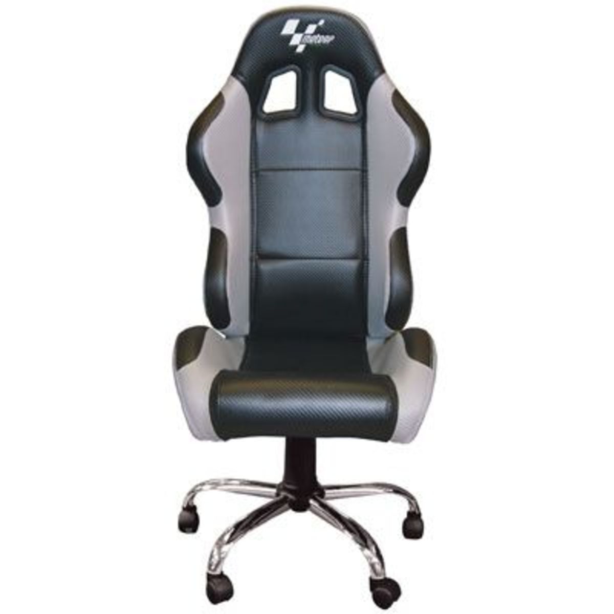 Black and silver racing-style chair with carbon effect accents, featuring a high back, ergonomic design, and a Moto GP logo on the headrest, mounted on a chrome base with wheels.