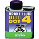 Clear bottle of Motorex 250 Mldot 4 Brake Fluid, 250 ml, featuring a purple and green label with bold text and an illustration of a brake system component.