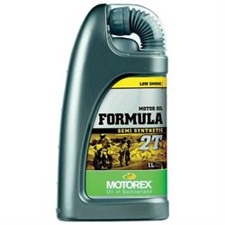 Green and silver 1-liter bottle of Motorex 308244 Formula 2T oil, featuring a textured grip, a flexible spout, and a label with bold text and an image of a motorcycle.