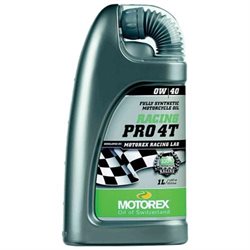 Green plastic bottle of Motorex Racing Pro 4T 0W-40 motorcycle engine oil, featuring a flexible spout, checkered flag design, and 1 litre capacity label.