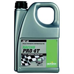 Silver plastic container of Motorex Racing Pro 4T 0W-40 motorcycle engine oil, featuring a green label with checkered flag design and 4-litre capacity.