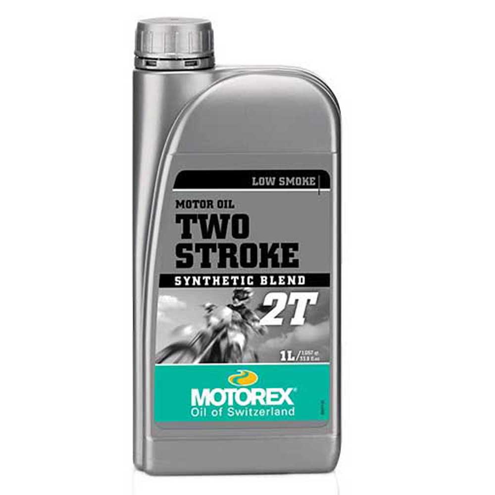 Silver plastic bottle of Motorex Semi Synthetic 2-Stroke Oil, 1 litre, featuring a black label with green accents and the text "LOW SMOKE" and "TWO STROKE."