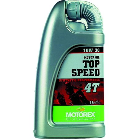Silver plastic bottle of Motorex Top Speed 4T Motor Oil, 10W30, with a black and red label featuring the text "TOP SPEED" and "MOTOREX Oil of Switzerland," designed for synthetic performance.
